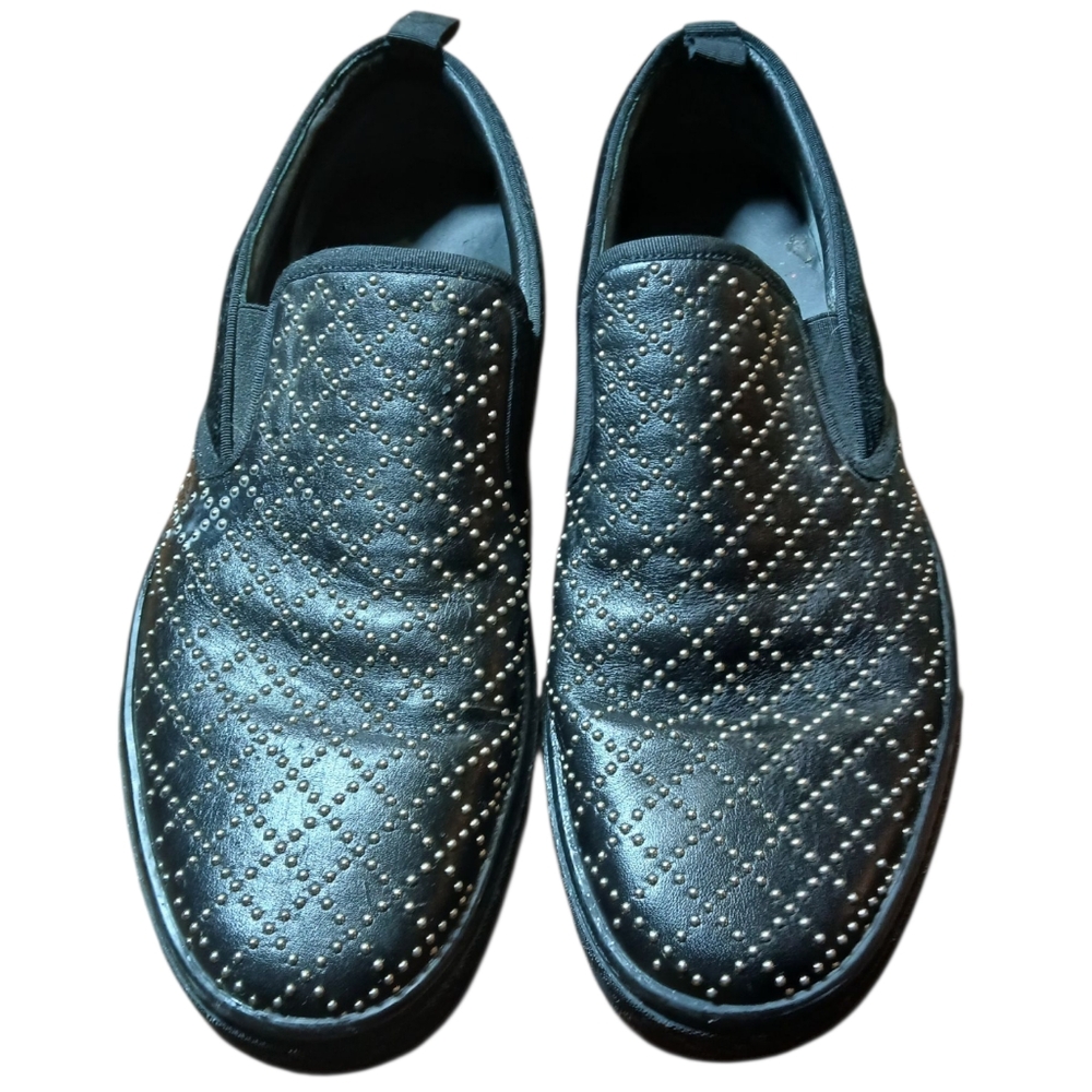 Gucci Black Leather And Suede Metal Studded Design Men's Loafers Size 10
